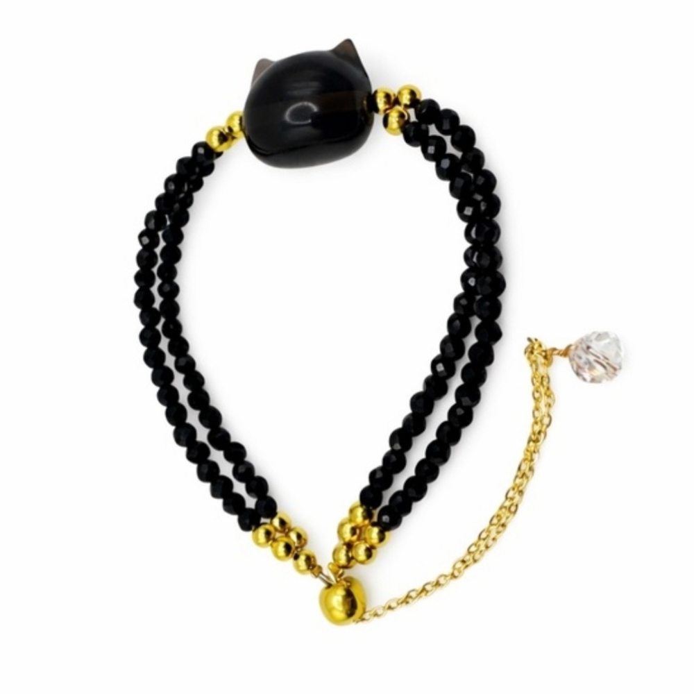 Cat Black Spinel & Obsidian & Gold Beaded Adjustable Bolo Bracelet - NEW!